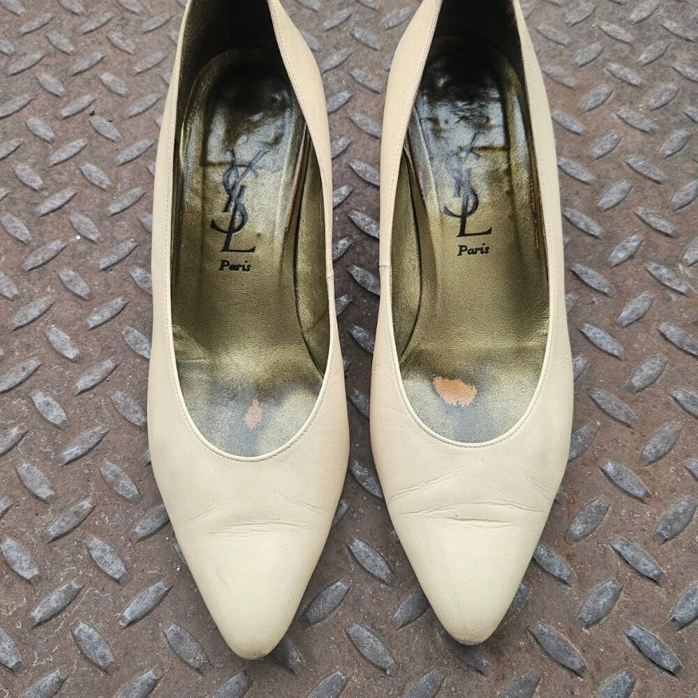 Vintage Yves Saint Laurent Women Heel Sandal Beige Leather Upper Shoes Size 36.5 - Picture 2 of 12